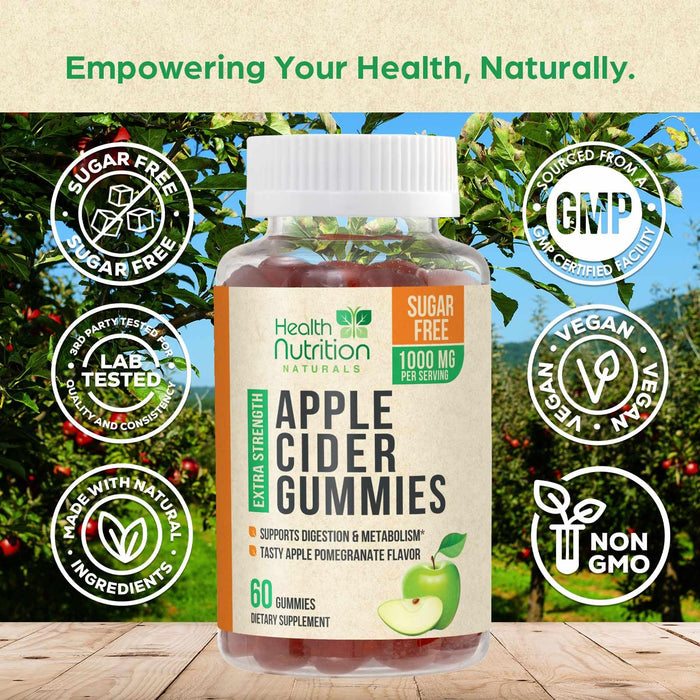 Apple Cider Vinegar Gummies - Sugar Free ACV Gummy Vitamins, Max Strength 1000mg, Supports Metabolism & Energy, Keto Friendly, Vitamin B12, Gelatin-Free, Gluten-Free, Vegan & Non-GMO - 60 Gummies