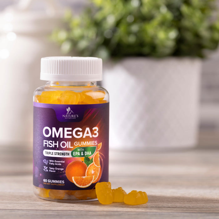 Omega-3 Gummies, Fish Oil Gummies for Adults & Kids, Omega-3 Gummy Vitamins, EPA & DHA Fish Oil Fatty Acids Gummy Supplement, Nature's Supplements for Joint, Heart Health, & Brain Support - 60 Count