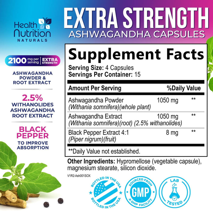Ashwagandha Supplement 2100mg - Extra Strength Herbal Root Extract, Best Ashwagandha Supplements for Men & Women, Restore, Unwind, Calm Support Formula, Vegetarian, Non-GMO, Gluten-Free, 60 Capsules