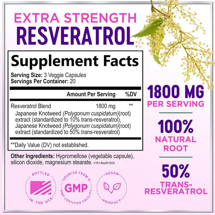 Resveratrol Supplement 1800mg - Extra Strength Antioxidant Complex for Healthy Aging & Immune Support, Heart Health & Cellular Energy Support, Bioavailable Trans-Resveratrol - 60 Vegan Capsules