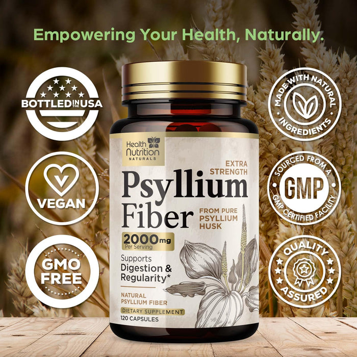 Psyllium Husk Fiber Caps 1500mg Supplement - Psyllium Husk Capsules Daily Support Digestive Health & Regularity, Nature's Plant Based Husks Natural Soluble Fiber Pills, Vegan, Non-GMO - 120 Capsules