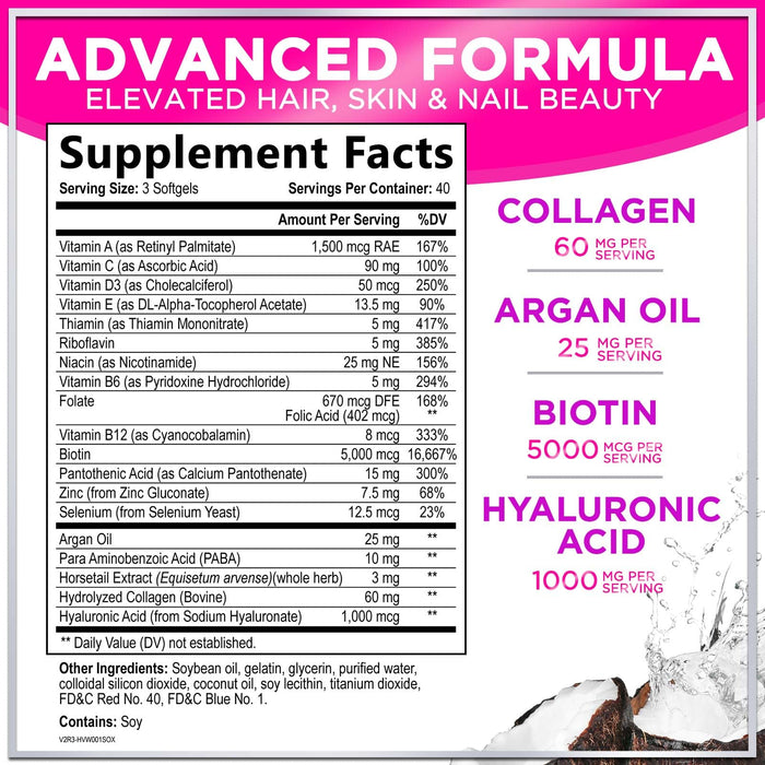 Hair, Skin & Nails Vitamins for Women - Biotin 5000mcg to Support Hair Growth with Argan Oil, Collagen & Hyaluronic Acid, Beautiful, Stronger Skin, Hair & Nails Vitamin Supplement - 120 Softgels