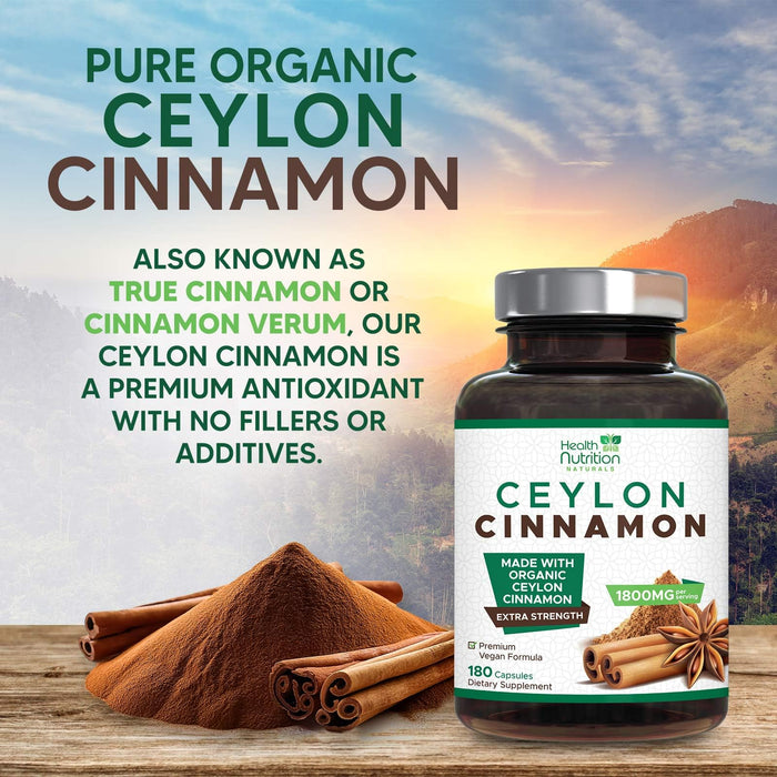 Ceylon Cinnamon Capsules 1800mg - Certified Organic Ceylon Cinnamon Powder Supplement, Bottled in USA, Extra Strength Energy & Heart Support Pills, Non-GMO & Gluten Free, Sugar Free - 180 Capsules