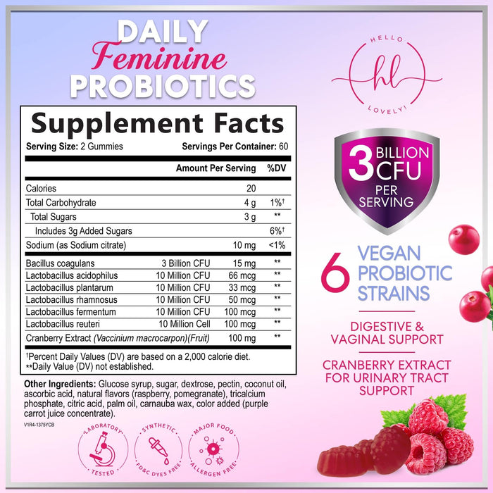 Probiotics for Women Gummies with Cranberry - 6 Premium Strains for PH Balance, Digestive Health, Vaginal & Immune Support, 3 Billion CFU, Women's Probiotic Gummy for Feminine Health - 120 Gummies