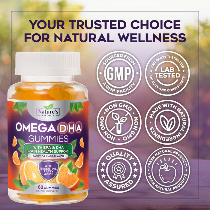 Omega 3 Fish Oil Gummies - Triple Strength Omega3 Gummy - DHA & EPA Fatty Acids for Heart Health, Joint & Brain Support, Nature's High Absorption Omega Fish Oil Supplement, Orange Flavor- 60 Gummies