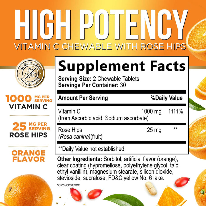 Vitamin C 1000mg Chewable Supplement - Extra Strength Immune Support Vitamin C Dietary Supplement with Rose HIPS, Nature's VitaminC Antioxidant Support, Natural, Vegan, Orange Flavor - 60 Tablets