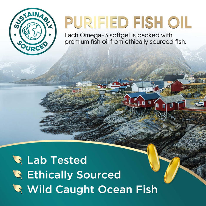 Omega 3 Fish Oil Supplement 2400 mg - Triple Strength EPA & DHA Fish Oil Omega 3, Essential Fatty Acids Supplement Softgels, Brain & Heart Health Support Supplements, Gluten Free Non-GMO, 60 Softgels