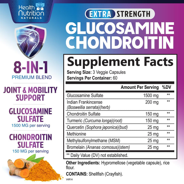 Glucosamine Chondroitin MSM 2100mg Complex - Joint Health Supplement with Turmeric & Boswellia - Quercetin for Cartilage, Flexibility & Mobility - Triple Strength Glucosamine Sulfate - 180 Capsules