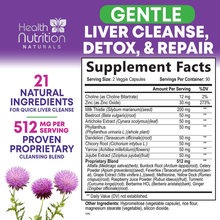 Gentle Liver Cleanse Detox & Repair Formula - Herbal Liver Support Supplement: Milk Thistle with Silymarin, Artichoke Extract, Dandelion, Beet, Chicory Root, & Turmeric for Liver Health - 180 Capsules