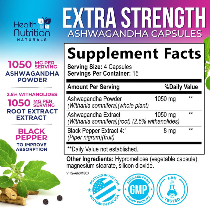 Ashwagandha Supplement 2100mg - Extra Strength Herbal Root Extract, Best Ashwagandha Supplements for Men & Women, Restore, Unwind, Calm Support Formula, Vegetarian, Non-GMO, Gluten-Free, 60 Capsules