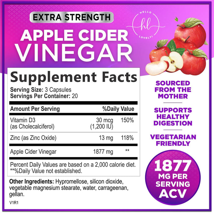 Apple Cider Vinegar Pills from the Mother - 1877mg of ACV with Vitamin D3 & Zinc, Non-GMO & Gluten Free, ACV Supplement for Digestion, Energy & Immune Support, Apple Vinegar Capsules - 60 Capsules