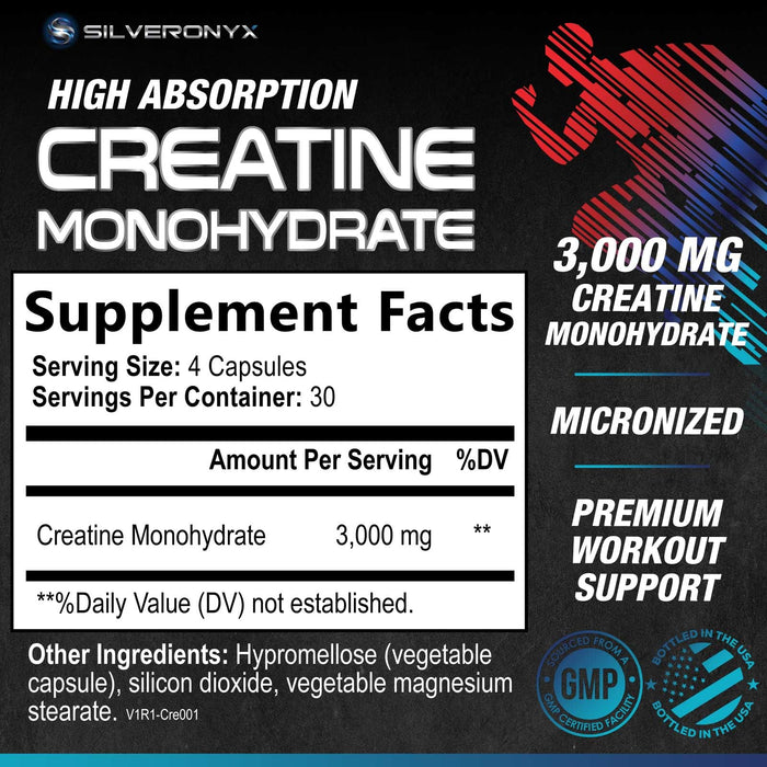 Creatine Monohydrate Capsules 3000mg - Micronized Creatine Nutritional Supplement - Lean Muscle Growth, Workout Performance, Energy & Endurance Support - 750mg per High Absorption Capsule - 120 Count
