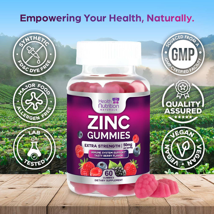 Zinc Supplement 50mg Gummies for Adults - Max Strength Skin Health & Immune Support Gummy, Vegan, Non-GMO & Gluten Free, Natureâ€™s Antioxidant & Bone Health Chewable Tasty Berry Flavor - 60 Gummies