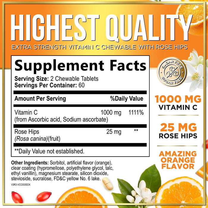 Vitamin C Supplement 1000mg - Extra Strength with Rose Hips Bioflavonoids - Sugar Free Vitamin C Chewable Pills, Nature's Vit C for Immune Support & Antioxidant Protection - 120 Chewable Tablets