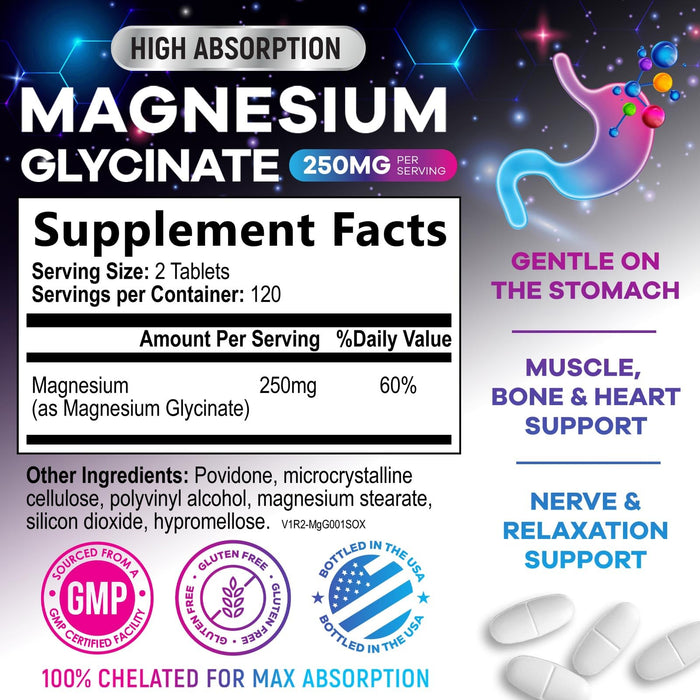 Magnesium Glycinate Chelated for Max Absorption - Supports Bone, Muscle, Nerves & Heart Health, Nature's Sleep and Stress Support, Best Magnesium Supplement Pills for Whole Body Support - 240 Tablets