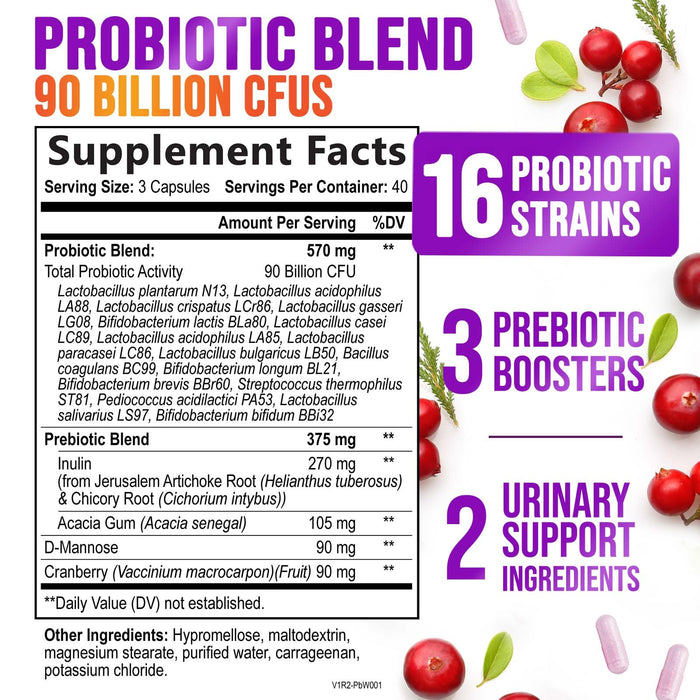 Probiotics for Women - 90 Billion CFU 16 Probiotic Strains with Cranberry, Vaginal Probiotics with Prebiotics PH, Digestive, UT, Immune, & Feminine Health Support, Pro Biotics for Women, 120 Capsules