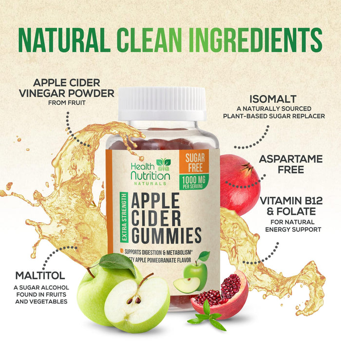 Apple Cider Vinegar Gummies - Sugar Free ACV Gummy Vitamins, Max Strength 1000mg, Supports Metabolism & Energy, Keto Friendly, Vitamin B12, Gelatin-Free, Gluten-Free, Vegan & Non-GMO - 60 Gummies