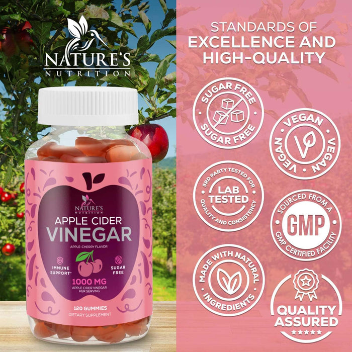 Vegan Apple Cider Vinegar Gummy 1000mg - Sugar Free ACV Gummies Vitamins Supplement with Vitamin B12 for Energy - Supports Digestion, Detox and Cleanse - Gelatin-Free, Non-GMO - 120 Gummies