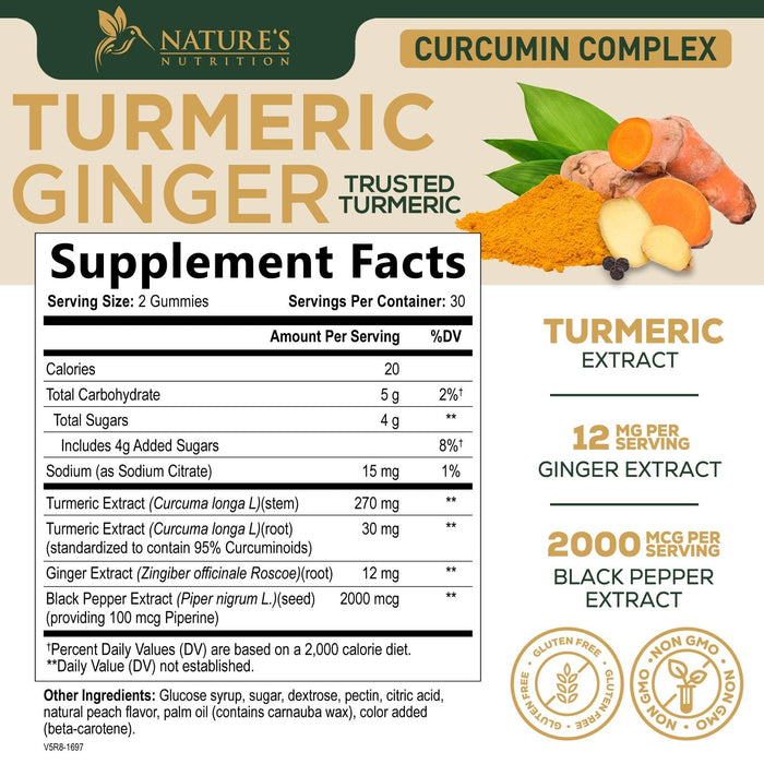 Turmeric and Ginger Gummies - Vegan Turmeric Curcumin Gummies with Black Pepper Extract for High Absorption, Nature's Curcumin Gummy for Joint Support Supplement, Non-GMO, Gluten Free - 60 Count
