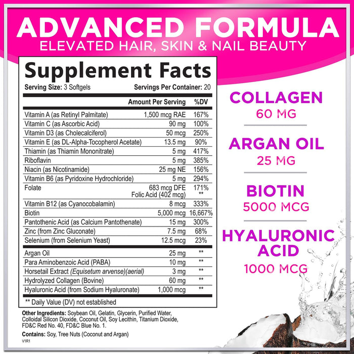 Hair, Skin & Nails Vitamins for Women - Biotin 5000mcg to Support Hair Growth with Argan Oil, Collagen & Hyaluronic Acid, Beautiful, Stronger Skin, Hair & Nails Vitamin Supplement - 60 Softgels