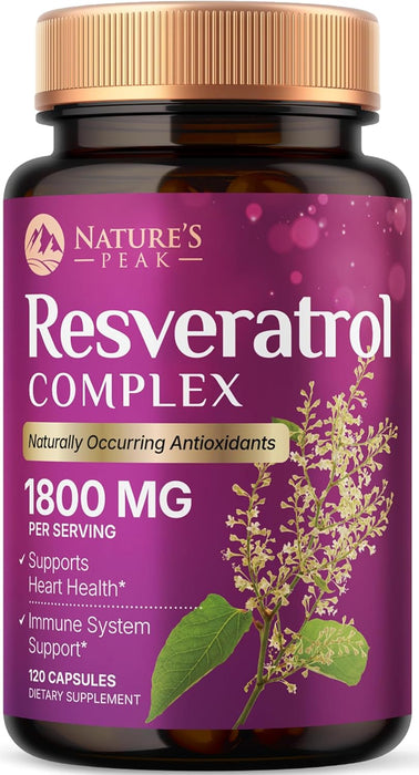 100% Natural Resveratrol 1800mg - 3X Strength Trans-Resveratrol Pills for Heart Health, Best Resveratrol Supplements, Potent Polyphenols Antioxidant Complex, Non-GMO, Bottled in USA - 120 Capsules