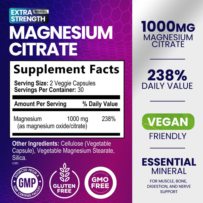 Magnesium Citrate Supplement 1000 mg for Best Absorption, Supports Bone, Heart Health, Nerves, Muscles, Metabolism & Calm, Nature's Pure Magnesio Vitamin Pills, Bottled in USA - 60 Capsules