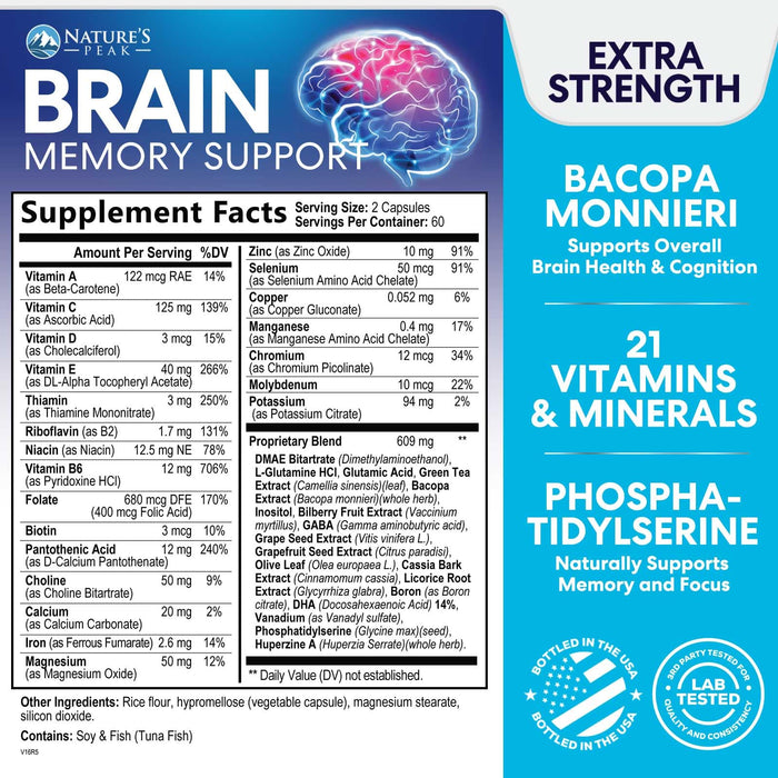 Brain Memory Supplement Pills - Nootropics Support for Concentration, Clarity, Alertness & Focus - Brain Health with Bacopa, Cognitive Vitamins, Phosphatidylserine, DMAE - Brain Booster - 120 Capsules