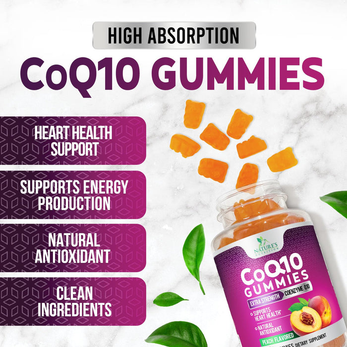 Nature's Nutrition CoQ10 Gummies 100mg â€“ High Absorption Coenzyme Q10 Supplement for Heart Health, Energy & Antioxidant Support â€“ Peach Flavor Gummy, Vegan, Non-GMO, Gluten Free â€“ 30 Count