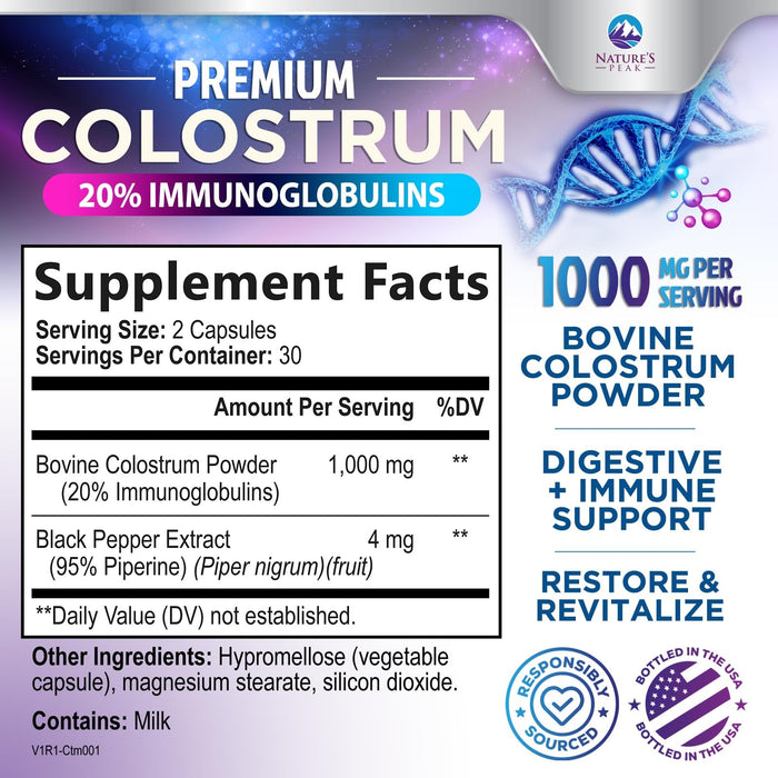 Colostrum Supplement 1000mg 20% Immunoglobulins for Gut Health, Immune Support, Muscle, Skin & Hair Growth, Bovine Colostrum Powder, Nature's Colostrum for Women & Men, Bottled in USA - 60 Capsules