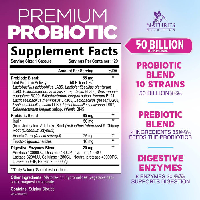 Probiotics 50 Billion CFU per Serving - 10 Strains + Prebiotics - Digestive Health, Gut & Immune Support - Supports Occasional Constipation, Gas & Bloating for Women & Men Shelf Stable - 120 Capsules