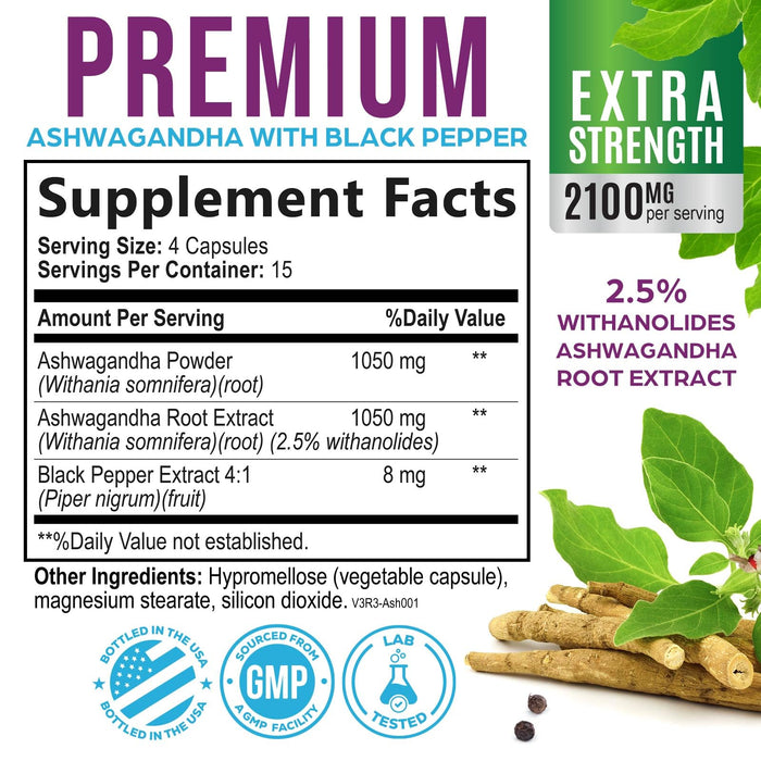 Ashwagandha 2100mg - Extra Strength with Black Pepper for Max Absorption, Ashwagandha Powder and Root Supplements for Women & Men, Antioxidant Support, Vegan, Non-GMO & Gluten Free - 60 Capsules