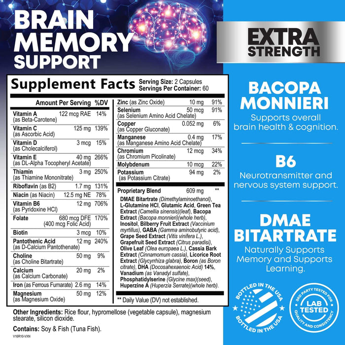 Brain Memory Supplement Pills - Nootropics Support for Concentration, Clarity, Alertness & Focus - Brain Health with Bacopa, Cognitive Vitamins, Phosphatidylserine, DMAE - Brain Booster - 120 Capsules