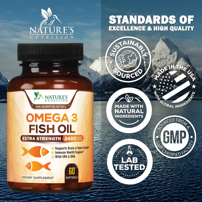 Omega 3 Fish Oil 2400 mg â€“ Triple Strength EPA & DHA Fatty Acids for Heart, Brain & Joint Support â€“ Wild-Caught, Burpless, Lemon Flavor Supplement â€“ Natural, Non-GMO, Gluten-Free â€“ 60 Softgels