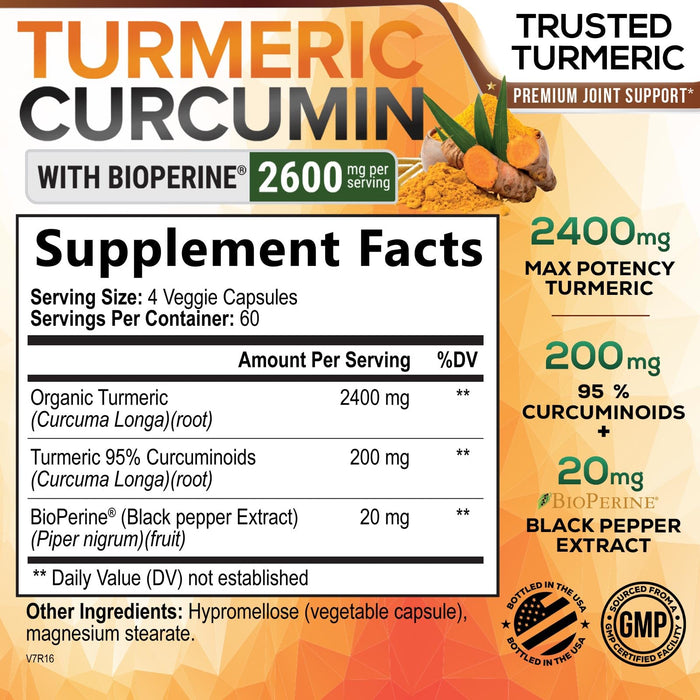 Turmeric Curcumin Supplement with BioPerine 95% Curcuminoids 2600mg with Black Pepper for Best Absorption, Bottled in USA, Best Natural Vegan Joint Support, Nature's Non-GMO Tumeric - 240 Capsules