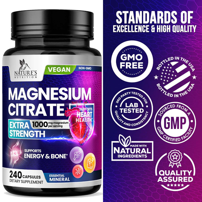 Magnesium Citrate Supplement 1000 mg for Best Absorption, Supports Bone, Heart Health, Nerves, Muscles, Metabolism & Calm, Nature's Pure Magnesio Vitamin Pills, Bottled in USA - 240 Capsules