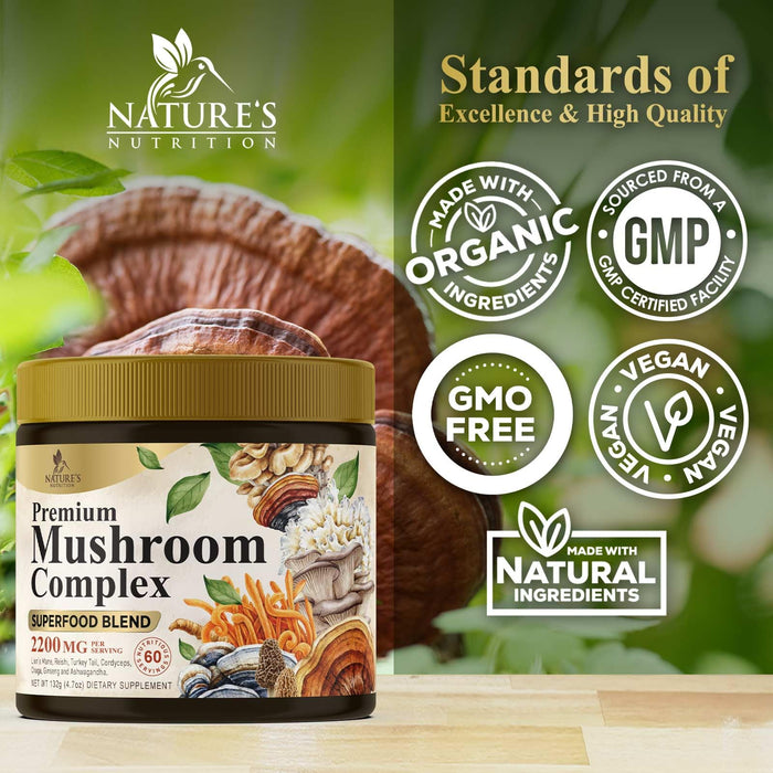 Mushroom Supplement Powder - 11 in 1 Complex Formula Powder with Organic Lions Mane, Reishi, Cordyceps, Chaga, Turkey Tail, Maitake Extract for Memory, Brain, Energy, & Immune Support - 60 Servings