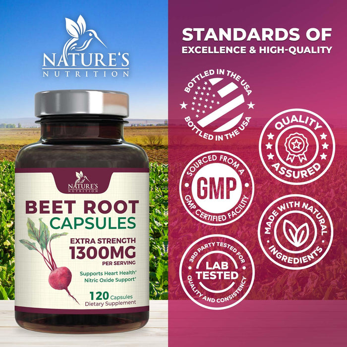 Beet Root Capsules 1300mg - Extra Strength Red Beetroot Powder Supplement â€“ Supports Nitric Oxide Production, Heart Health & Natural Energy â€“ Non-GMO, Vegan, Gluten Free â€“ 120 Veggie Capsules