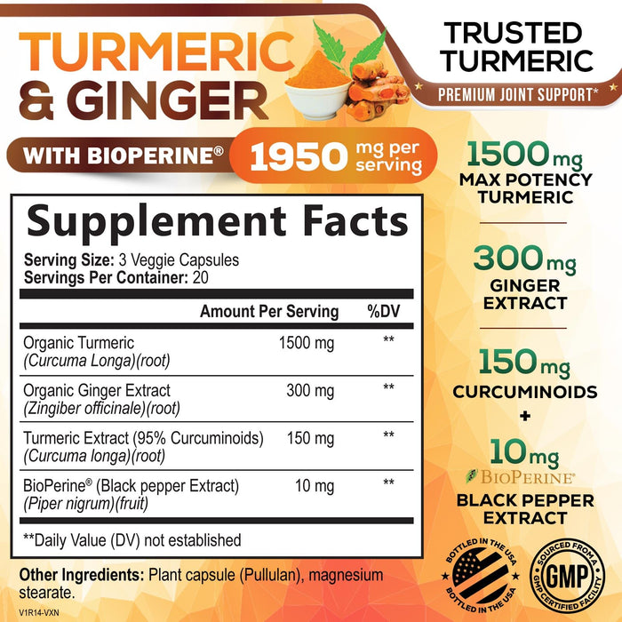 Turmeric Curcumin Supplement 1950mg - 95% Curcuminoids with Organic Turmeric & Ginger, BioPerine Black Pepper for Best Absorption, Nature's Vegan Joint Support, Non-GMO, Bottled in USA - 60 Capsules