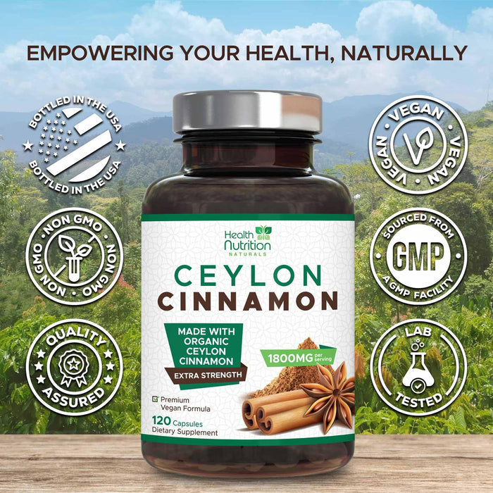 Ceylon Cinnamon Capsules 1800mg - Certified Organic Ceylon Cinnamon Powder Supplement, Bottled in USA, Extra Strength Energy & Heart Support Pills, Non-GMO & Gluten Free, Sugar Free - 120 Capsules