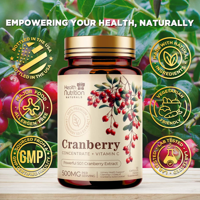 Cranberry Supplement Pills 25,000mg - High Potency Vitamin C Cranberry for Women & Men, Urinary Tract Health Support, Sugar Free, Gluten Free, Non-GMO, Cranberry Concentrate Extract - 120 Capsules