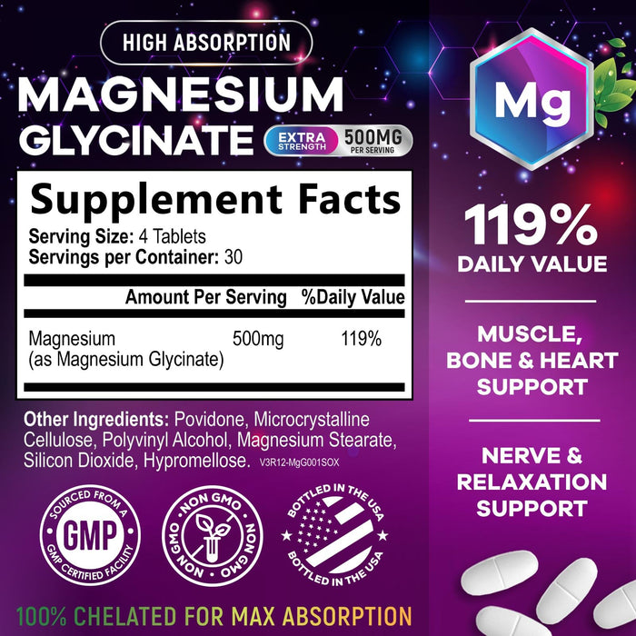 Magnesium Glycinate 500mg - Chelated for Ultra Absorption - Supports Bone, Muscle, Nerves & Heart Health, Nature's Sleep Support, Best Magnesium Supplement Pills for Whole Body Support - 120 Tablets