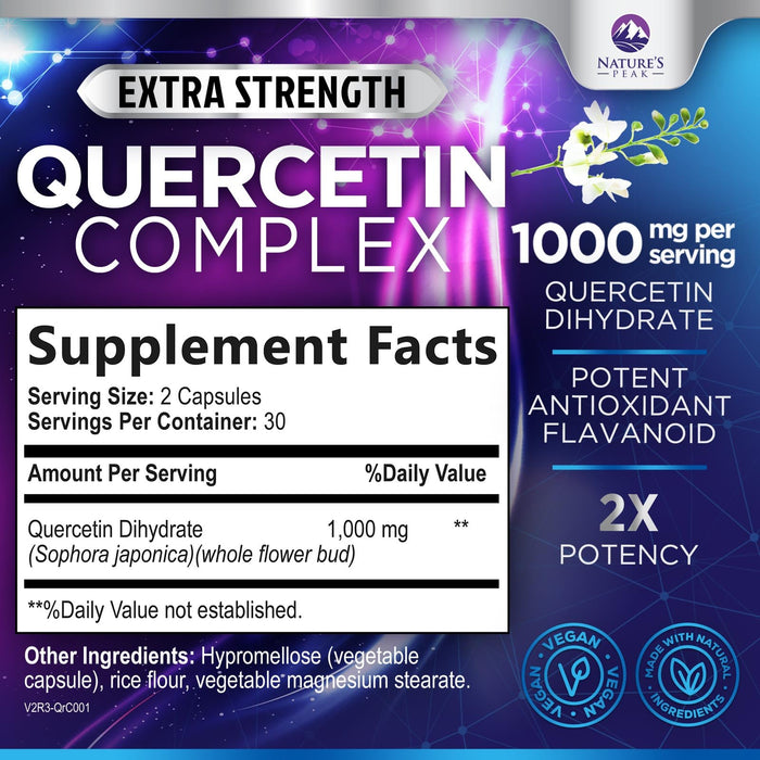 Quercetin Capsules 1000mg, with Ultra Strength Complex - Health Antioxidant Supplements for Respiratory, Heart and Immune Support - Vegan Third Party Tested, Non-GMO, Gluten Free - 60 Veggie Capsules