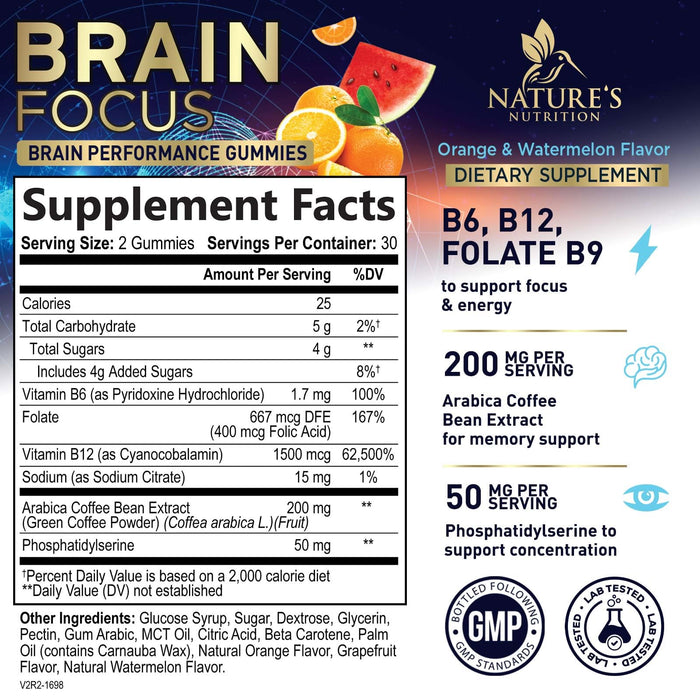 Brain Supplements for Memory and Focus with Phosphatidylserine, Nootropic Memory Supplement Gummy for Brain Health, Concentration, Mental & Cognitive Support, Focus Vitamins with B6 & B12-60 Gummies
