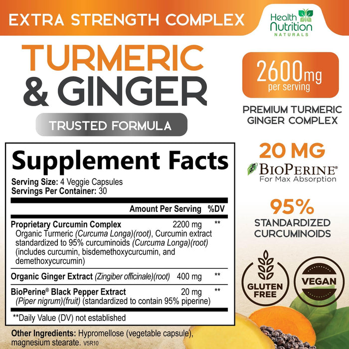 Turmeric Curcumin Supplement 2600mg - with Organic Ginger & Turmeric, 95% Curcuminoids, BioPerine Black Pepper for Best Absorption, Nature's Vegan Joint Support, Non-GMO, Bottled in USA - 120 Capsules