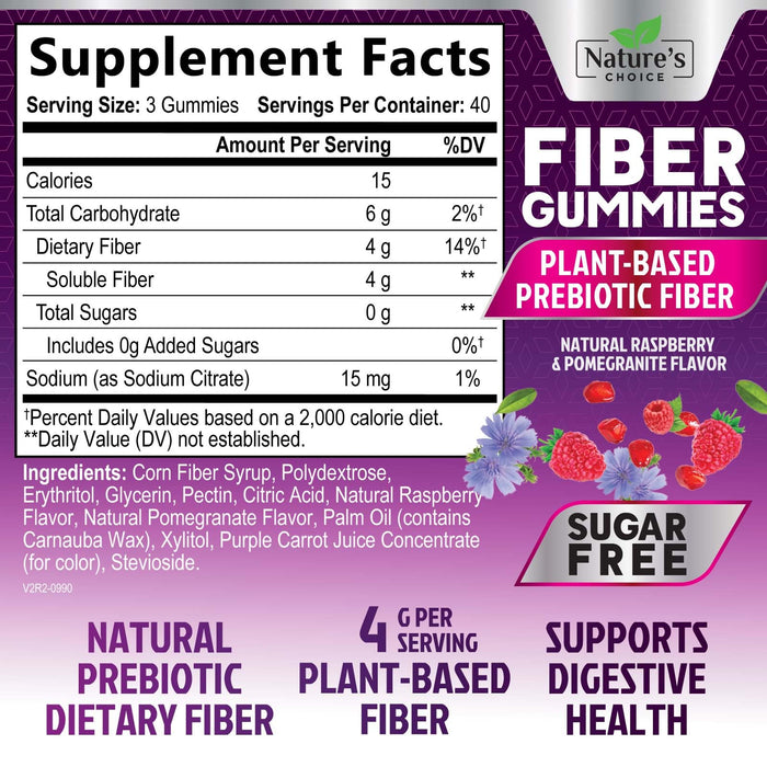 Fiber Gummies for Adults, Sugar Free Daily 4g Gummy Fiber Supplement, Prebiotic Gummy Digestive Health Support - Plant Based Soluble Chews, Prebiotics Supports Regularity & Digestion - 120 Gummies