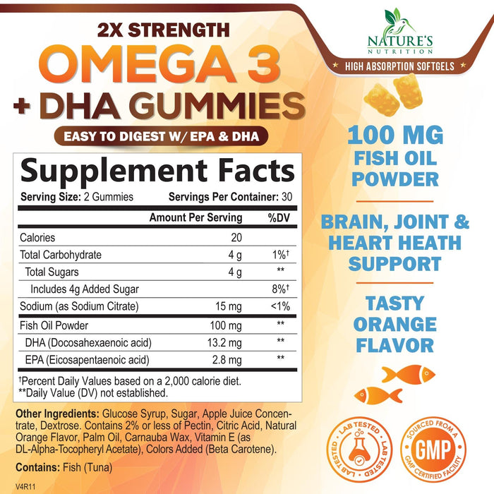 Omega 3 Fish Oil Gummies, Heart Healthy Omega 3 Gummy Supplement with High Absorption DHA & EPA, Extra Strength Joint & Brain Support, Delicious Orange Flavor Fish Oil Nature's Vitamin - 60 Gummies