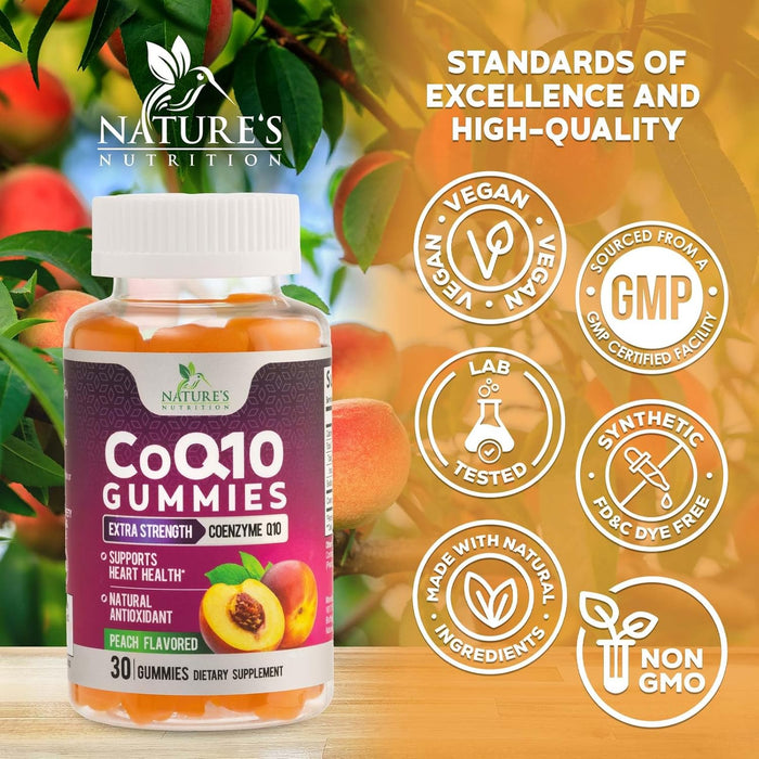 Nature's Nutrition CoQ10 Gummies 100mg â€“ High Absorption Coenzyme Q10 Supplement for Heart Health, Energy & Antioxidant Support â€“ Peach Flavor Gummy, Vegan, Non-GMO, Gluten Free â€“ 30 Count