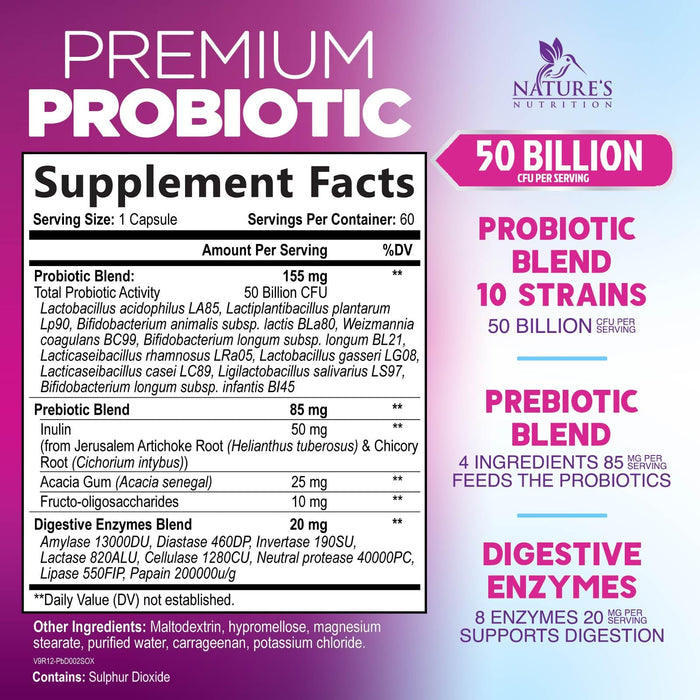 Probiotics 60 Billion CFU per Serving - 10 Strains + Prebiotics - Digestive Health, Gut & Immune Support - Supports Occasional Constipation, Gas & Bloating for Women & Men Shelf Stable - 60 Capsules