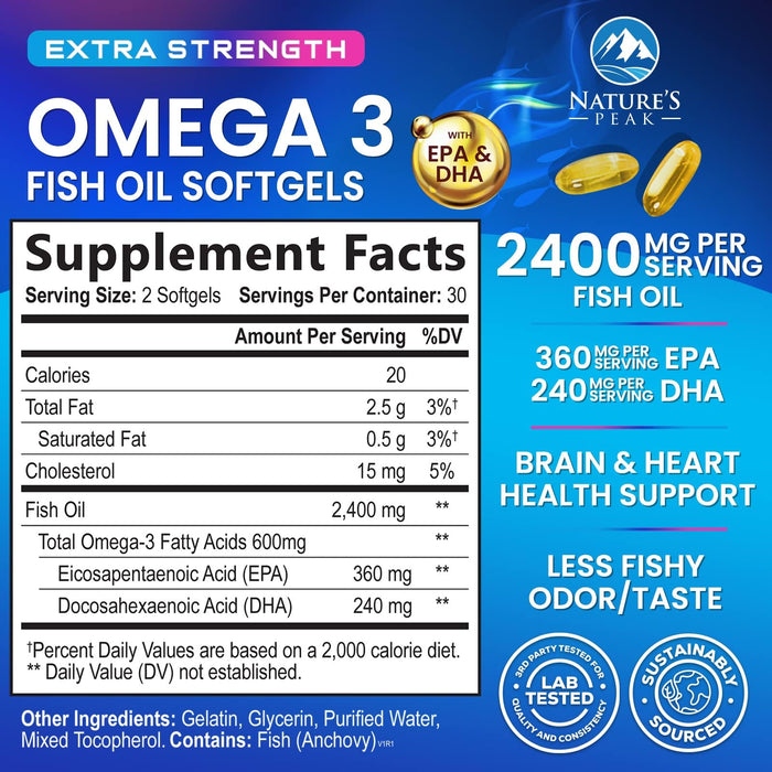 Omega 3 Fish Oil 2400 mg Supplement, Sustainably Sourced, Triple Strength Omega-3 Supplement Softgels, Brain Health Support, EPA & DHA Fish Oil Fatty Acids Supplements, Gluten & GMO Free, 60 Softgels