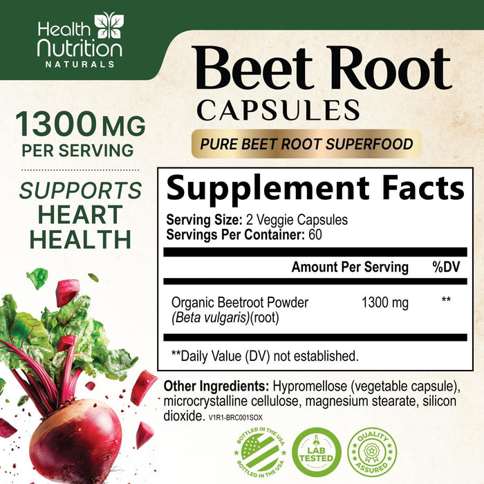 Beet Root Capsules 1300mg - Organic Red Beetroot Powder - 120 Vegan Capsules